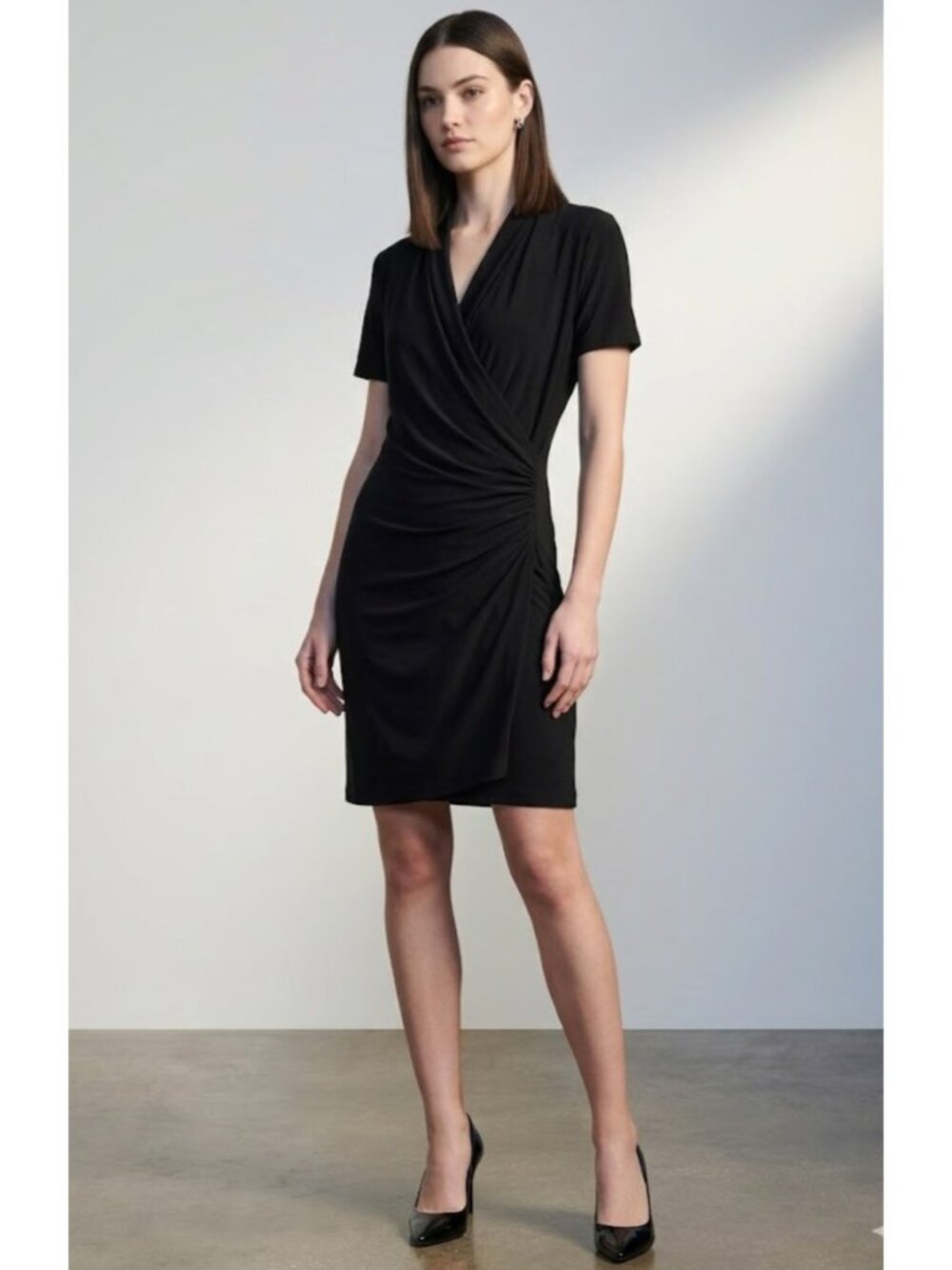 Norma Kamali Dress Surplice Faux Wrap Black Cocktail Evening Travel LBD size XL
